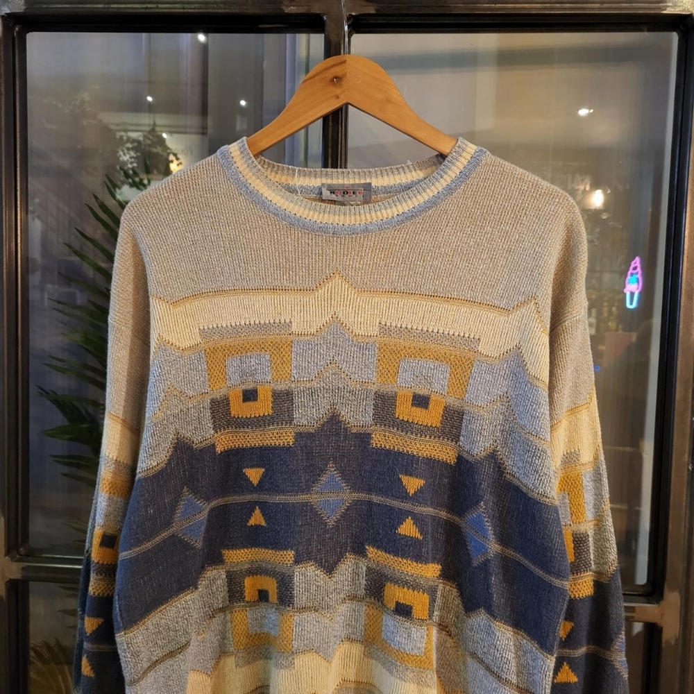 Men's Geometric Sweater - Blue, Cream, and Tan